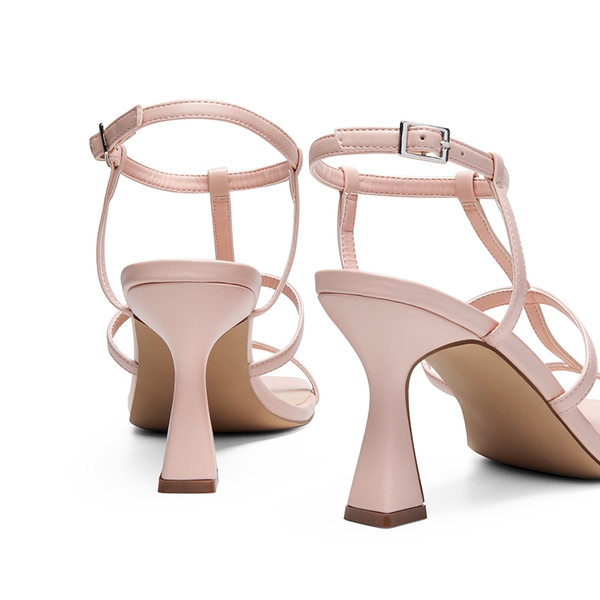 T-strap Square Toe Heel Sandals - NUDE - 5